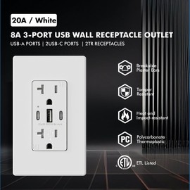 Micmi USB C Wall Outlet, 40W 8.0 Amp 3-Port USB C Outlet 20A Tamper Resistant Receptacle with Dual Type C & A Ports, ETL Listed, Wall Plate Included, Matte White 10 Pack