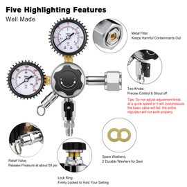 FERRODAY CGA-320 CO2 Regulator, Dual Gauge CO2 Regulator for Kegerator with Pressure Relief Valve, Beer Kegerator Regulator Keg Regulator, CO2 Gas Regulator with 2 Swivel Nut & 1/4’’ & 5/16’’ Barb