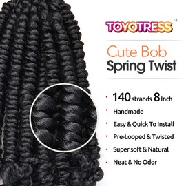 TOYOTRESS Bob Spring Twist Kids Crochet Hair - 8 inch (140 strands) Cute & Versatile Pre-twisted Spring Twists Crochet Braids Synthetic Braiding Hair Extension (8 inch,1B)