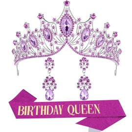 happy birthday crown adult woman， purple women tiaras and sash tiara for women green girl crowns set queen princess prom pageant gothic royal sleeping beauty womens crown girls sashes bridal wedding