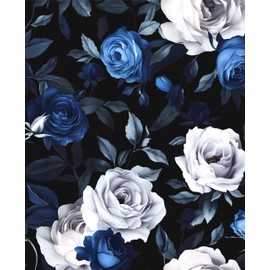 Black Foral Wallpaper Peel and Stick Dark Blue White Rose Contact Paper 17.4" x 393", Self-Adhesive Removable Vintage Flower Wall Paper for Bedroom Countertop Desk Cabinets Decor Renter Friendly
