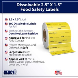 Dissolvable Food Labels for Glass, Plastic Metal, Wood - Washes Off No Residue - Food Prep and Rotation, Canning, Commercial Use and More! USA Made (2 Pack)