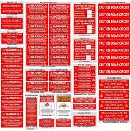62-Pack Solar PV System Label Kit - Code 2020/2023 Compliant Photovoltaic Stickers - UV Resistant & Reflective Vinyl - Complete Solar Warning Labels for Installers, Inspectors & Homeowners