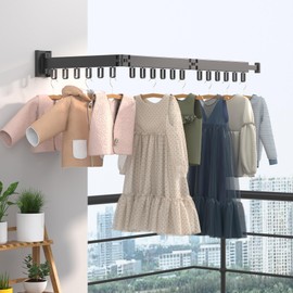 iMonse Clothes Drying Rack, Laundry Drying Rack Wall Mount for Bathroom, Retractable and Foldable Clothes Hanging Rack with U-Hooks for Laundry Room, Balcony, Closet, Bedroom(Tri-Fold), Black