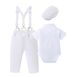 Coco&RARA Baby Boy Clothes Suits White Baby Baptism Christening Outfits, Infant Tuxedo Gentleman Dress Shirt With Bowtie Beret Suspender Pants Outfit Sets (White, 3-6M)