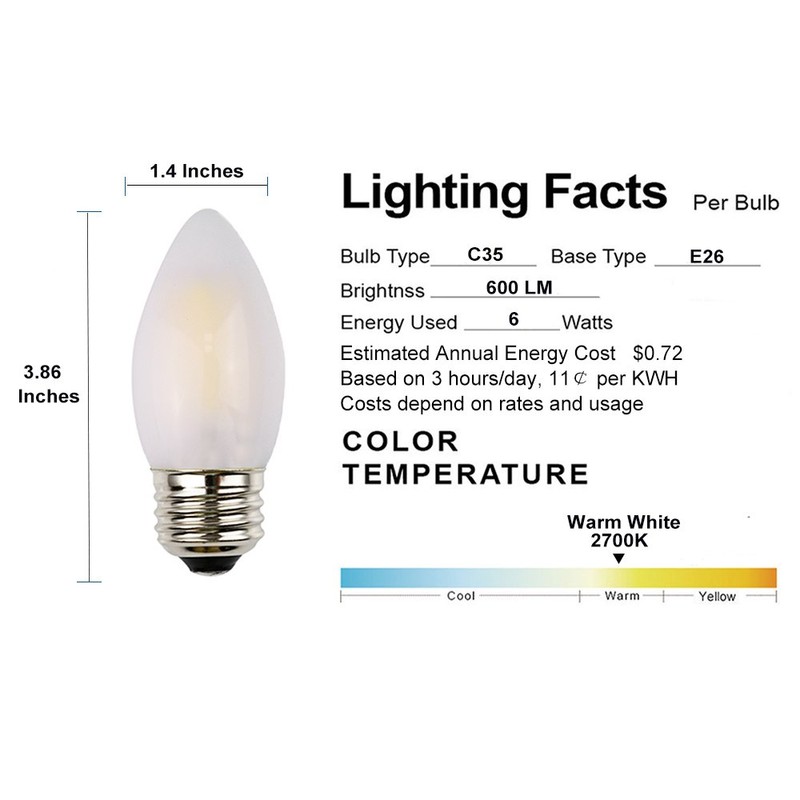 OPALRAY C35 LED Candelabra Bulb, E26 Standard Base, Dimmable, 6W