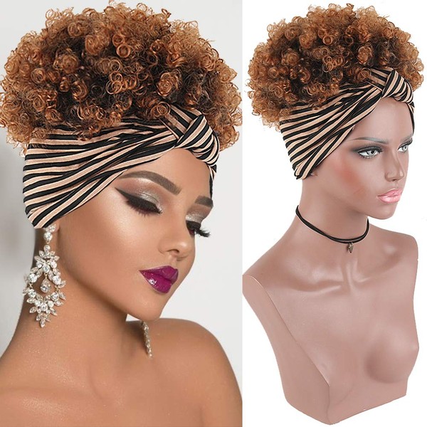 Afro Puff Faux Hair Bun Wigs with Soft Calico Pattern Headband Wigs for Black Women Cute Brown Wigs,KRSI Afro Kinky Curly Wig with Headband Attached Ponytail Wigs for Black Women(1B/30)