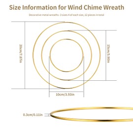 Pack of 12 Metal Rings for Crafts, 10 cm, 15 cm, 20 cm, Round DIY Wire Rings for Crafts, Decorative Rings for Hanging, Gold Metal Decorative Rings for Dream Catcher, Ring, Macrame Ring, Craft, Flower
