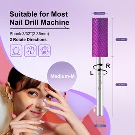 Cnynail 3/32" Small 5.35MM Barrel Bit Tungsten Carbide Nail Drill Bit Safety Bit for Gel & Acrylic Removal, 2- Way Rotating Efile Tip, Salon Electric File Accessory (M Girt, Purple)