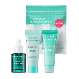 BRING GREEN Kit De Prueba De Cica De Árbol De Té | Set De Cuidado De La Piel Coreano En Tamaño De Viaje Para Piel Sensible Y Con Tendencia Al Acné | Sérum De Zinc Y Teca, Crema Hidratante De Cica De