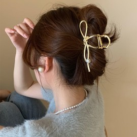 B/C Hair Claw Large Ribbon With Pearl (Gold)