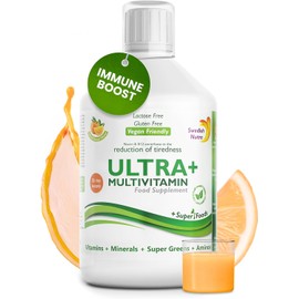 Swedish Nutra Ultra+ Multivitamin Liquid Food Supplement | 500ml, 33 Day Supply | Packed with Vitamins, Minerals, Super Greens & Aminos | Boosts Energy & Immunity | Natural Orange Flavour
