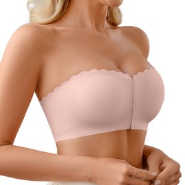 DEANGELMON Strapless Bra for Women Front Closure Non-Slip Padded Bandeau Bras Comfortable Wavy Edge Tube Top Bralette(Pink,XL)