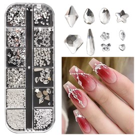 White Crystal Nail Rhinestones Flat Back Nail Gems Moon Star Heart Nail Charms Pearl for Nail Decoration Multi Shapes Crystals Glass Gems Stones DIY Crafts Clothes Makeup Gems