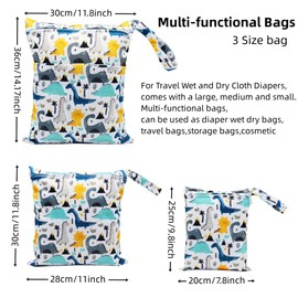 Asenappy 3pcs Cloth Diaper Wet Dry Bags Waterproof Reusable with Two Zippered Pockets Travel Beach Pool Daycare Soiled Baby Items Yoga Gym Bag for Swimsuits or Wet Clothes (dinosaur)