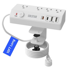 Desk Clamp Power Strip with PD 20W Fast Charging, COLSTAR Flat Plug Extension Cord 10 FT, Desk Mount Power Strip Surge Protector with 4 AC Outlet 4 USB Ports, Fit 1.8" Tabletop Edge (White)