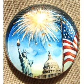 GLASS DOME PIC BUTTON "AMERICA" -- STATUTE LIBERTY  CAPITOL AM. FLAG & FIREWORKS