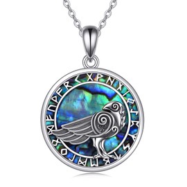 URONE Raven Necklace Sterling Silver Crow Celtic Knot Rune Pendant Viking Jewelry Gifts for Women Men, Sterling Silver, Abalone