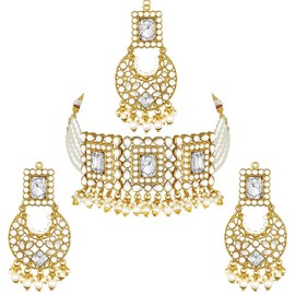 Aheli Jodha Akbar Fuax Crystal Pearl Gargantilla Collar con Pendiente Maang Tikka Indio Tradicional Bollywood Conjunto de Joyería Nupcial para Mujer