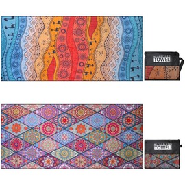 Microfiber Beach Towel Lightweight Quick Dry Sand Free Extra Large Travel Towel with Mesh Bag 80×180cm for Women Men Adults Beach Essentials Accessories Vacation Gift Desert Camel + Bohemia 2 Pack