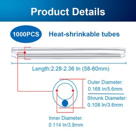 1000 Pcs Drop Fiber Optical Heat Shrinkable Tubes 60mm (Length) X 5.6mm (Diameter), Fusion Splice Transparent PE Sleeves with Single Stainless Rod