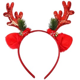 SARATA Christmas Headbands for Women Glitter Powder Bell Hair Hoop Elk Hair Band Reindeer Antlers Headband Women Girls Hair Access Headdress for Party 1PCS (Red)