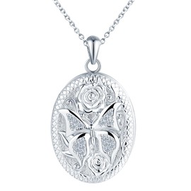 Butterfly Locket for Opening Pictures Necklace Women's 925 Silver with Zircon: Rose Photo Chain Oval Pictures Pendant Necklace Amulet Jewellery Gift for Women Mum Girlfriend Girls, Silver 925, Cubic