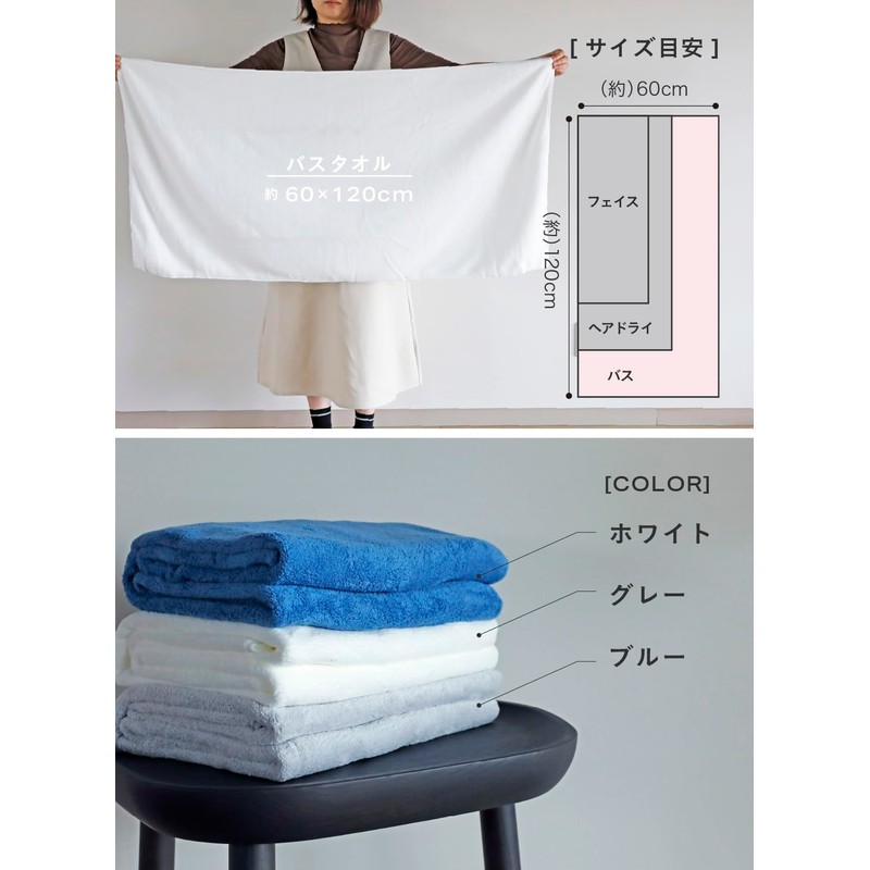 CBJAPAN Carari Plus Bath Towel, 3.3x Water Absorbency Microfiber, White,