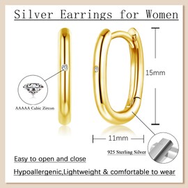 Josfeva Silver Hoop Earrings for Women, 925 Sterling Silver Oval Earrings Hoop Earrings with 5A Cubic Zirconia, Hypoallergenic U-shaped Geometric Silver Hoop Earrings, Cartilage Sleeping Earrings for