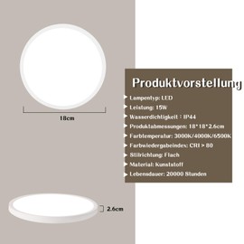 muyuua Deckenlampe LED Deckenleuchte Badezimmer - Badezimmerlampe Flach 15W Badlampe Rund 18CM Schwarz Augenschutz Flurlampe Decke IP44 Klein 3000K 4000K 6500K für Bad Küche Flur Schlafzimmer