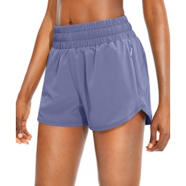 SANTINY - Pantalones cortos de correr para mujer con bolsillos con cierre, cintura alta, pantalones cortos de gimnasio para entrenamiento deportivo para mujer con forro, Azul Pizarra, XS