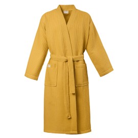 PandaHome Bathrobe 100% Cotton Waffle Fabric Travel Bathrobe for Men and Women, Soft, Absorbent and Lightweight Spa Bathrobe, mustard yellow