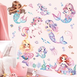 decalmile Wall Sticker Unicorn Mermaid Girl Wall Sticker Under the Sea Fish Seaweed Wall Sticker Girls Room Nursery Baby Room Wall Decoration