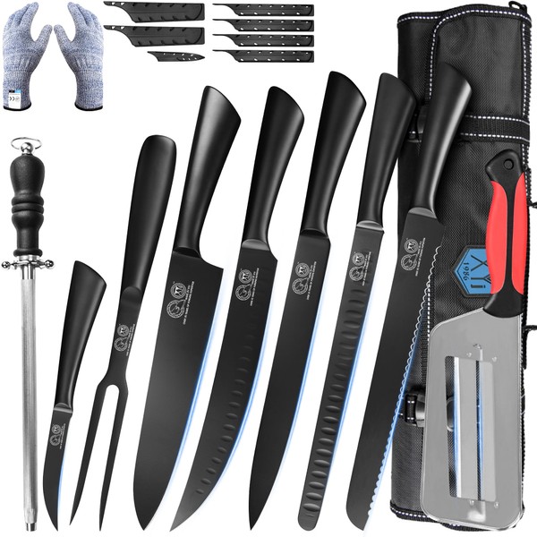 XYJ Kitchen Knife Set with Bag, Sharpening Steel, Gloves, Meat