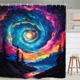 Yookeb Galaxy Nebula Bathroom Shower Curtain 60W by 71H Inch Universe Planet Starry Sky Cosmic Outer Space Night Polyester Fabric 12 Plastic Hooks Waterproof Decor