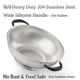 5 Qt Colander 18/8 Stainless Steel Colander Silicone Handle Easy Grip Micro-Perforated Strainer Heavy Duty and Self-draining Solid Ring Base BPA Free Dishwasher Safe - Black