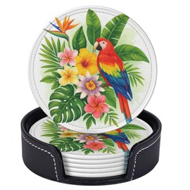 Famame 6 Pcs Tropical Leaves Parrot Toucan Leather Coasters for Drinks with Holder Coaster Sets Drink Table Cup Coasters for Living Room Kitchen Coffee Decor