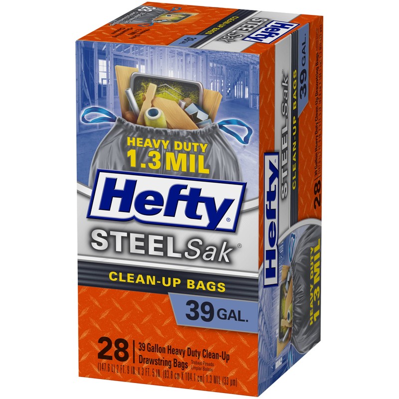 Hefty SteelSak Heavy Duty Large Clean-Up Trash Bags, 39 Gallon,