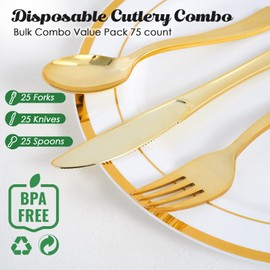 FOCUSLINE 75 Pack Gold Plastic Silverware Disposable Cutlery Set - 25 Forks, 25 Knives, 25 Spoons - Disposable Flatware Heavy Duty Plastic Utensils Set for Catering, Parties, Dinners, Weddings