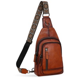 HESHE Leather Sling Bag for Women Crossbody Bags with Multi-Pocket Stylish Fanny Packs for Travel Chest Bag (Brown)