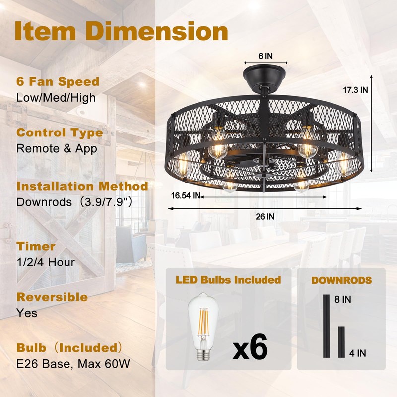 Depuley Black Ceiling Fans with Light: Flush Mount Caged Ceiling