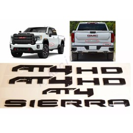 GMC 4PCS Set Gloss Black AT4 HD Emblem Sierra Letters Fit GMC Sierra 2500HD 3500HD