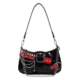 RoseSeek Women's Star Studded Chain Shoulder Handbags Color Block PU Leather Y2K Underarm Bags Purse Black One Size