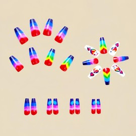 Valentine's Day Press on Nails Long Coffin Fake Nails Square Color Blending Stripes Acrylic Nails Glossy Glue on Nails Artificial Nails Color Love Heart Stick on False Nails with Design 24 Pcs