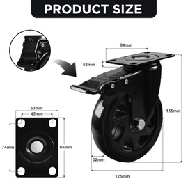 Caster Wheels, Heavy Duty 5 Inch Casters Set of 4, Locking Swivel Casters Wheels for Cart, Furniture and Workbench, Black