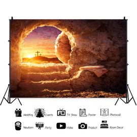 Jesus Christ Cross Easter Backdrop Holy Light Sunrise Stone Cave Empty Tomb Backdrop Resurrection Backgrounds for Christian Religious Church Events Photo Booth Props Vinyl 10x8ft
