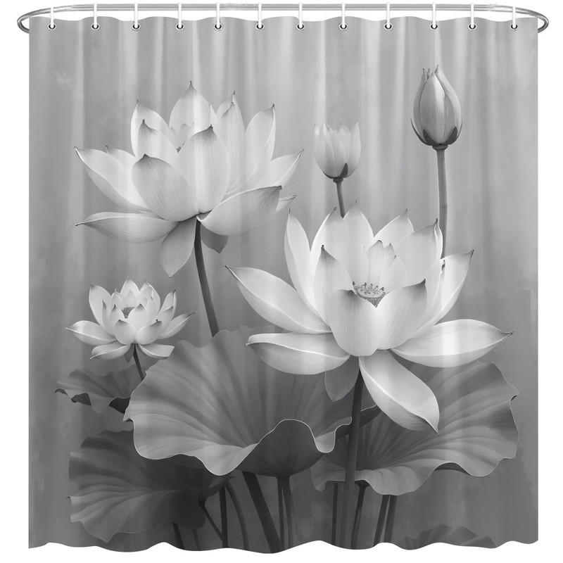 Lotus Shower Curtain Elegant Black White Grey Flowers Leaves Traditional