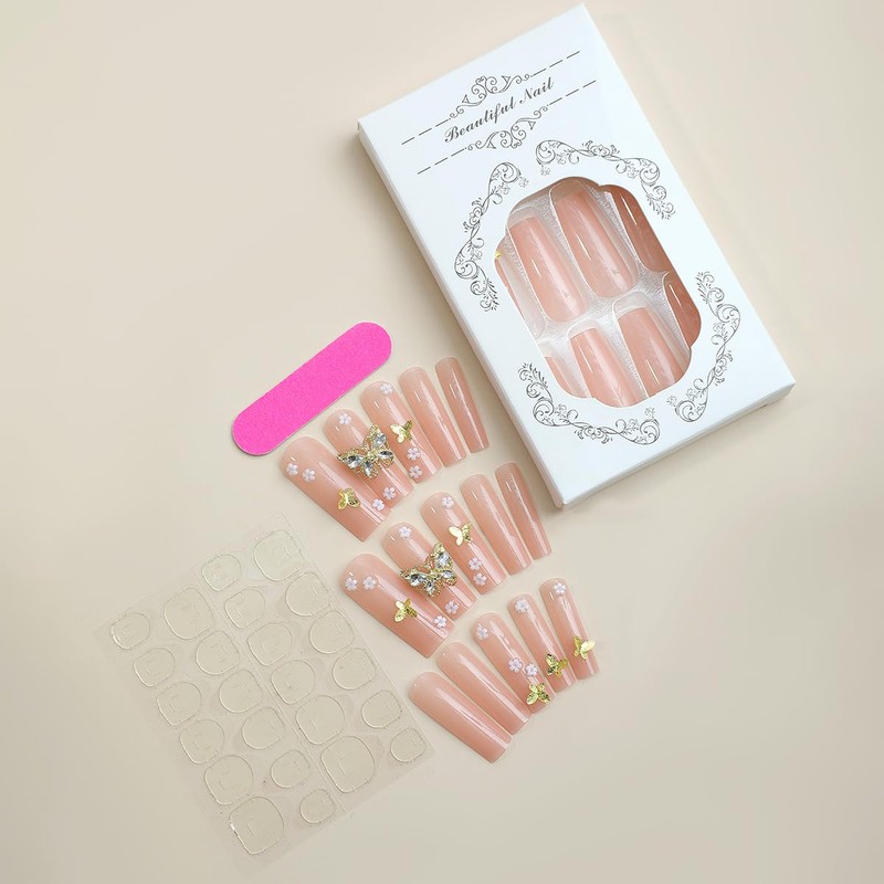 French Tip Press On Nails Fake Nails Long Coffin Square