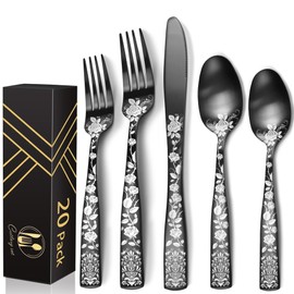 IFERRENS Modern Black Silverware Set, Floral 20-Piece Rose Flatware Set 18/0 Mirror Finish Stainless Steel, Lazer Pattern Decorative Utensils Set, Daily Party Gift Event Serving For 4