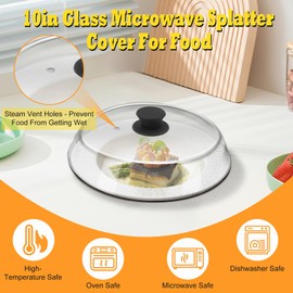 10in Glass Microwave Splatter Cover for Food, 10in Glass Microwave Cover for Food, Microwave Plate Lid with Vent Holes & Easy-Grip Handle, Dishwasher Safe, No Plastic, Food Grade,